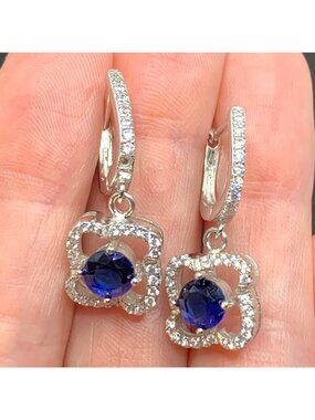 Blue Cubic Zirconia & Silver Halo Design Dangle Drop Earrings 1'' Length